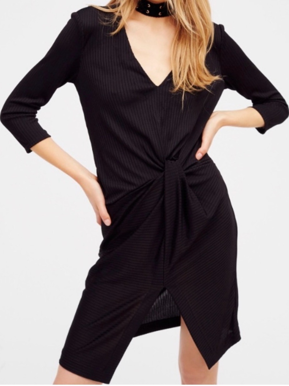 Free People Black Irene Twist Knit Dress Ribbed Slit Large - Picture 3 of 11